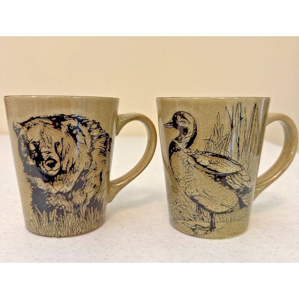 Mossy Oak Wildlife Mugs Set Of 2 Bear & Duck Stoneware